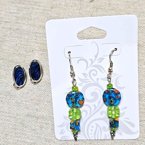 Set of 2 Vintage Blue Millefiori  Bead Dangle Earrings Abalone OOAK - Picture 10 of 10